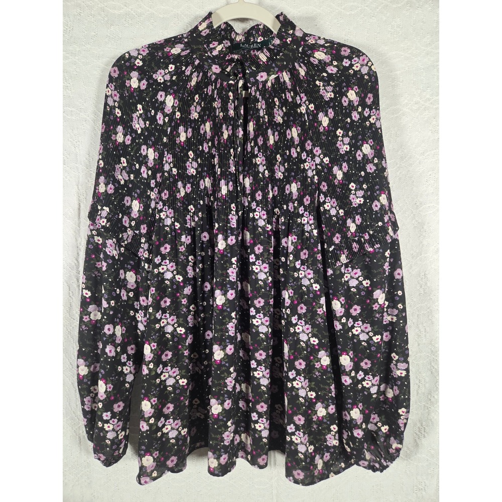 Lauren Ralph Lauren Black Floral Pleated Mock Neck Blouse Purple Pink Size L
